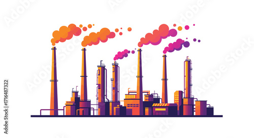 Stylized Flat Vector Illustration of a Vibrant Refinery with Smoke Stacks