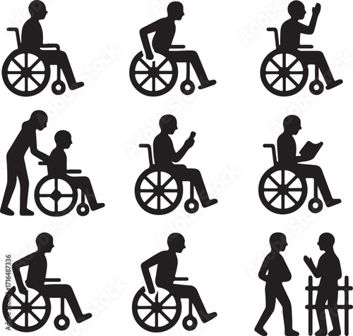 Set of silhouette icons showing people in wheelchairs and assisting others person disability