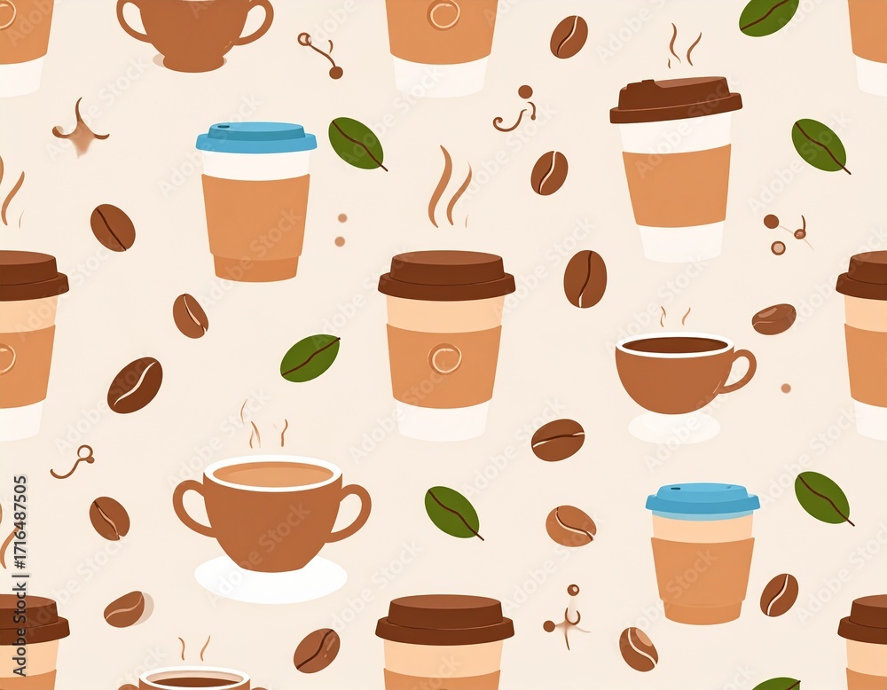 Obraz premium Seamless vector pattern featuring coffee cups, coffee beans, takeaway cups, and steam icons. Flat minimalist style with warm neutral colors (brown, beige, cream). Clean lines and simple shapes, arrang