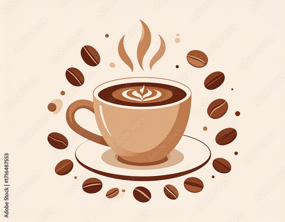 Obraz premium Vector illustration of a steaming coffee cup with coffee beans around it. Minimalist flat design with warm neutral colors (brown, beige, cream). Clean lines, simple geometric shapes, and aesthetic com