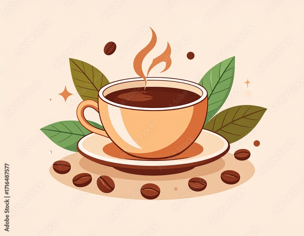 Obraz premium Vector illustration of a steaming coffee cup with coffee beans around it. Minimalist flat design with warm neutral colors (brown, beige, cream). Clean lines, simple geometric shapes, and aesthetic com