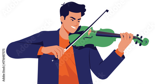Passionate violinist playing music on a vibrant green violin illustration