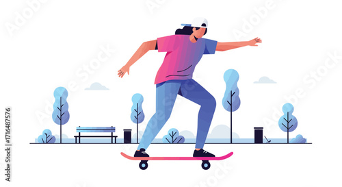 Vibrant vector illustration of a person skateboarding in a park on a white backdrop