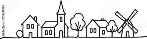 Simple black and white line drawing of a village with a church and windmill Keywords: village, town, drawing