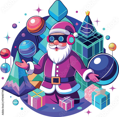 Santa wearing a VR headset, exploring a virtual Christmas world