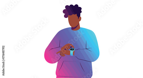 Stylized vector illustration of a person interacting with smartwatch technology