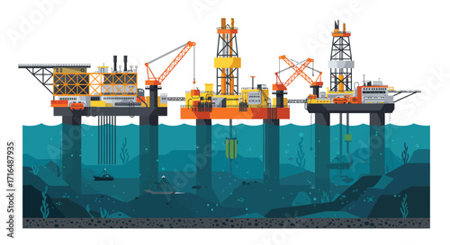 Stylized Flat Vector Illustration of Deepsea Drilling Operation, Vibrant Platform, White Background