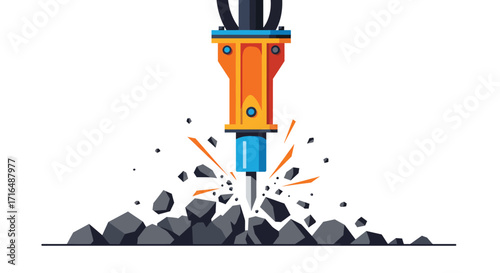 Stylized vector illustration showcasing a vibrant hydraulic hammer breaking rocks