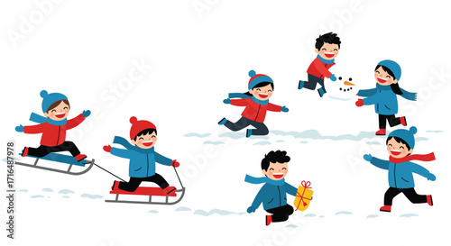 Stylized illustration of joyful children playing in snowy outdoor setting