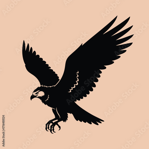 Silhouette of a fierce bird of prey with outstretched wings and sharp talons poised for landing or attack