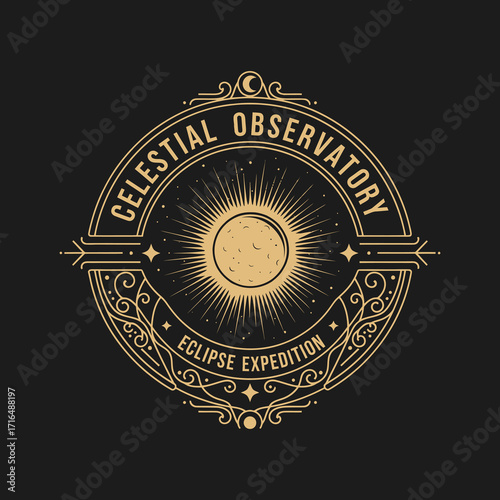Ornate gold emblem on a black background for a Celestial Observatory, depicting a solar eclipse with intricate line work and celestial motifs.