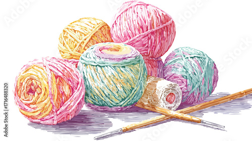 Vibrant Yarn Balls and Crochet Hook on White Background for Crafting Projects