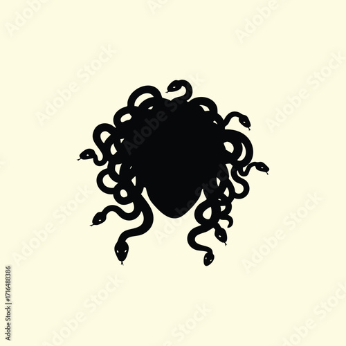 Silhouette of a mythical figure with multiple snakes as hair on a plain light background in black style