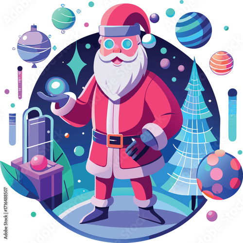 Santa wearing a VR headset, exploring a virtual Christmas world