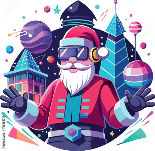Santa wearing a VR headset, exploring a virtual Christmas world