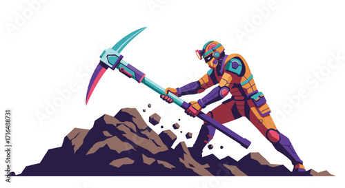 Futuristic surface miner wielding pickaxe cutting through the terrain