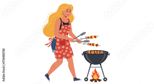 Vibrant flat vector illustration of a person grilling barbecue skewers outdoors