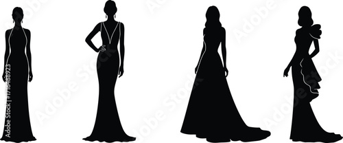 Elegant women evening gown silhouette vector illustration featuring formal fashion dresses, long flowing skirts, stylish designs, glamour, beauty, sophistication, style