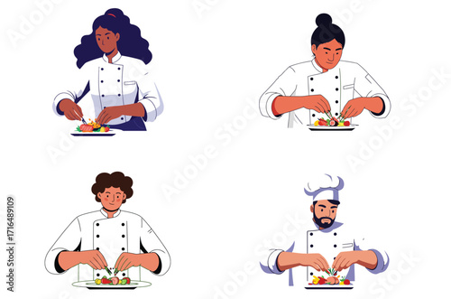 Diverse chefs professionally plating elegant dishes with meticulous detail, culinary vector art