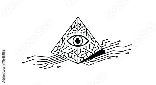 Abstract pyramid with an eye symbol, representing surveillance and technology.