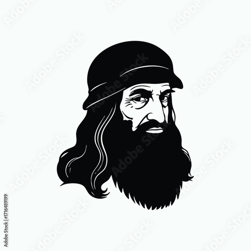 Black and white vector illustration of a bearded man wearing a hat with long hair and intense facial expression