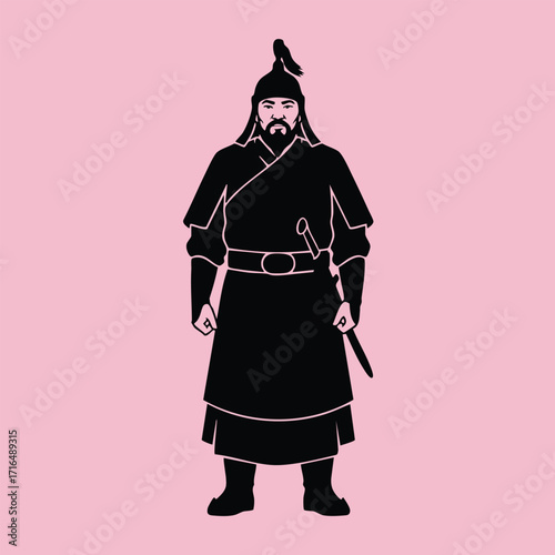 Silhouette of a traditional warrior wearing historical armor and holding a sword on a plain pink background