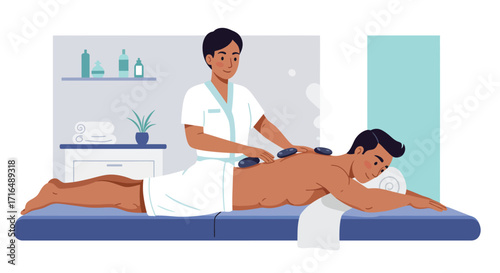 Relaxing hot stone therapy session illustration in a spa setting