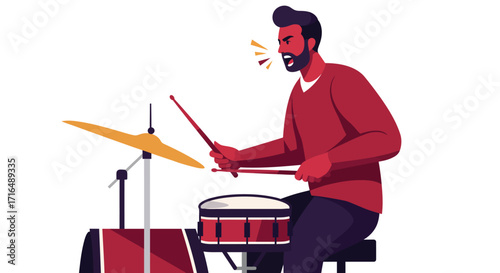 Enthusiastic drummer playing energetically on his kit with vivid expression