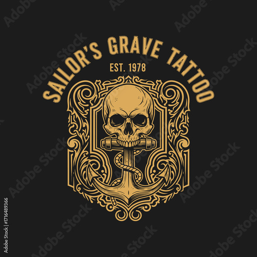 A vintage tattoo shop logo featuring a skull and anchor with ornate details and the text "SAILOR'S GRAVE TATTOO EST. 1978".