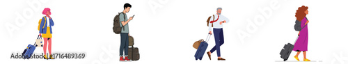 Diverse travelers at airport gate stylized vector illustration, showing luggage and waiting