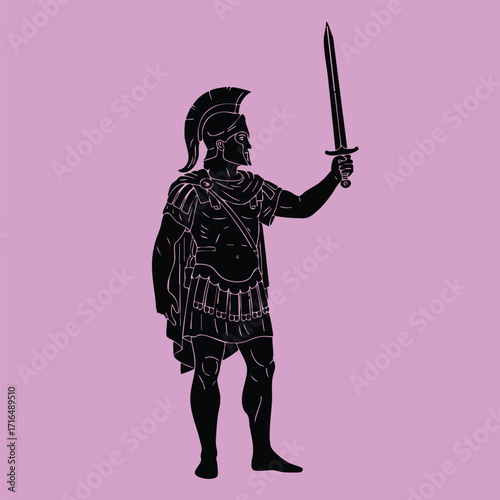Silhouette of an ancient warrior wearing armor and helmet holding a sword raised against a purple background