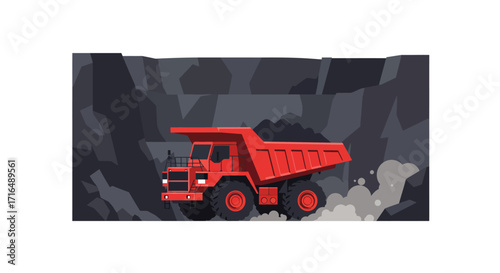 Vibrant mining truck hauling resources through a textured quarry setting