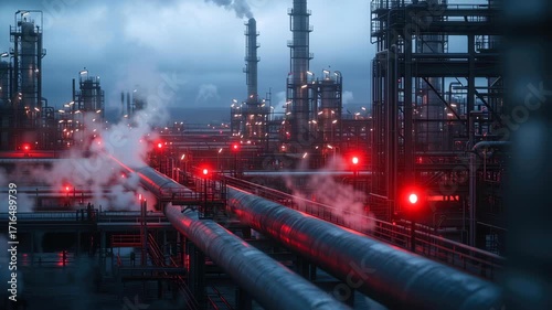 Dystopian refinery at dusk, red warning lights flickering across massive pipelines, eerie glowing steam, cinematic ultra-realism, blurred industrial background.