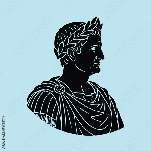 Black silhouette illustration of a classical ancient Roman figure wearing a laurel wreath and traditional toga clothing