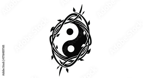 Yin Yang symbol intertwined with thorny vines, representing balance and nature's embrace.