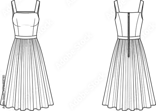 Elegant women’s sleeveless midi dress fashion flat sketch with square neckline, pleated skirt, wide straps, front and back technical vector illustration