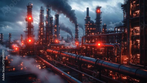 Dystopian refinery at dusk, red warning lights flickering across massive pipelines, eerie glowing steam, cinematic ultra-realism, blurred industrial background.