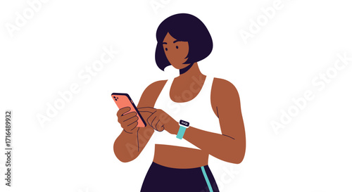 Stylized illustration of a woman using smartwatch and smartphone