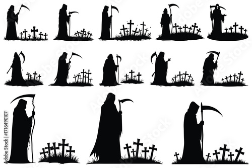 Grim reaper figures with scythes and gravestones silhouettes
