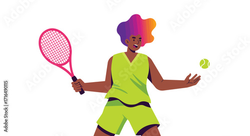 Stylized illustration of tennis player with vibrant hair in action pose