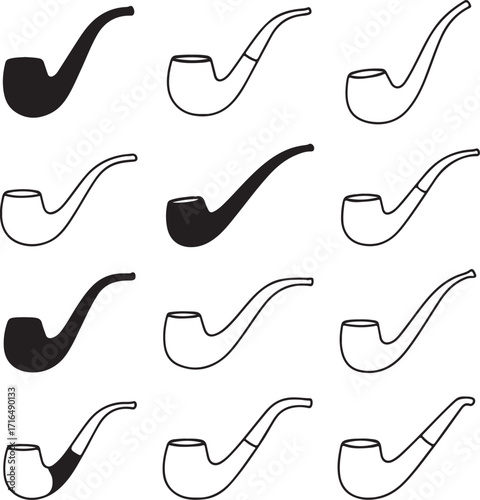 Twelve smoking pipe icons with solid black and outline variations Keywords: pipe, smoking, tobacco, icon
