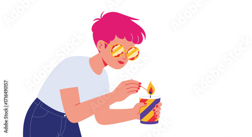 Stylized illustration of person lighting a decorative candle with a match