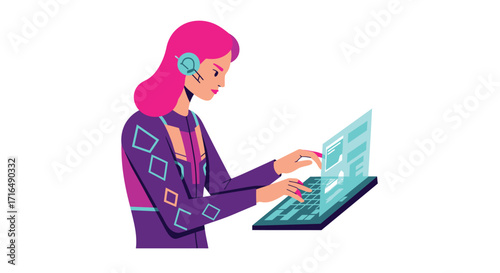 Woman with headset using holographic keyboard with stylized vector aesthetic