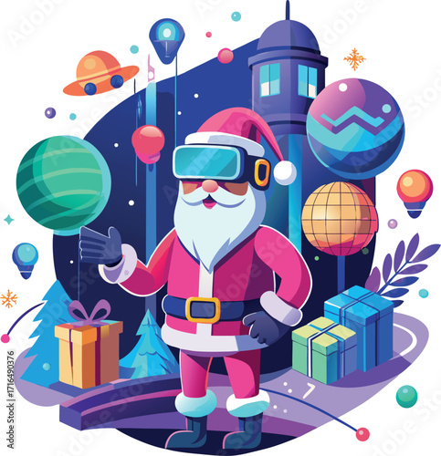 Santa wearing a VR headset, exploring a virtual Christmas world