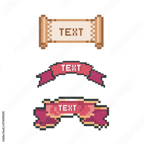 Set of signboard happy birthday in the style of a computer game. Background and cover for your text. Place for inscriptions and congratulations. Ready-made template in pixel style