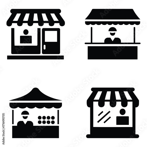 stylized icons representing different market stalls