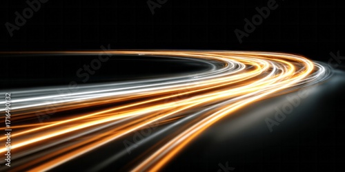A dynamic image showcases curved light trails in warm orange and cool white tones against a dark backdrop.