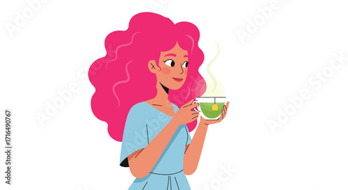 Stylized vector art of a woman enjoying a cup of tea with pink hair