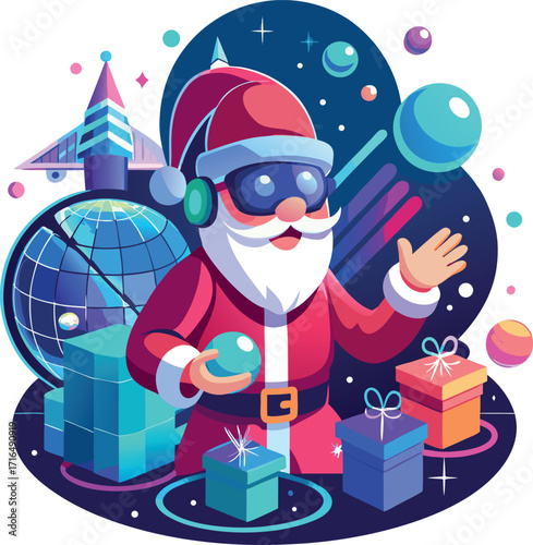 Santa wearing a VR headset, exploring a virtual Christmas world