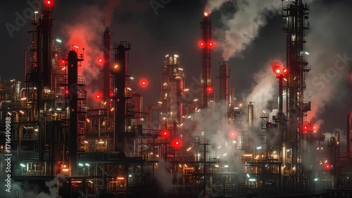 Midnight industrial scene, refinery engulfed in red warning lights, steam drifting like ghosts, ultra-detailed metal textures, cinematic depth, shallow focus.
